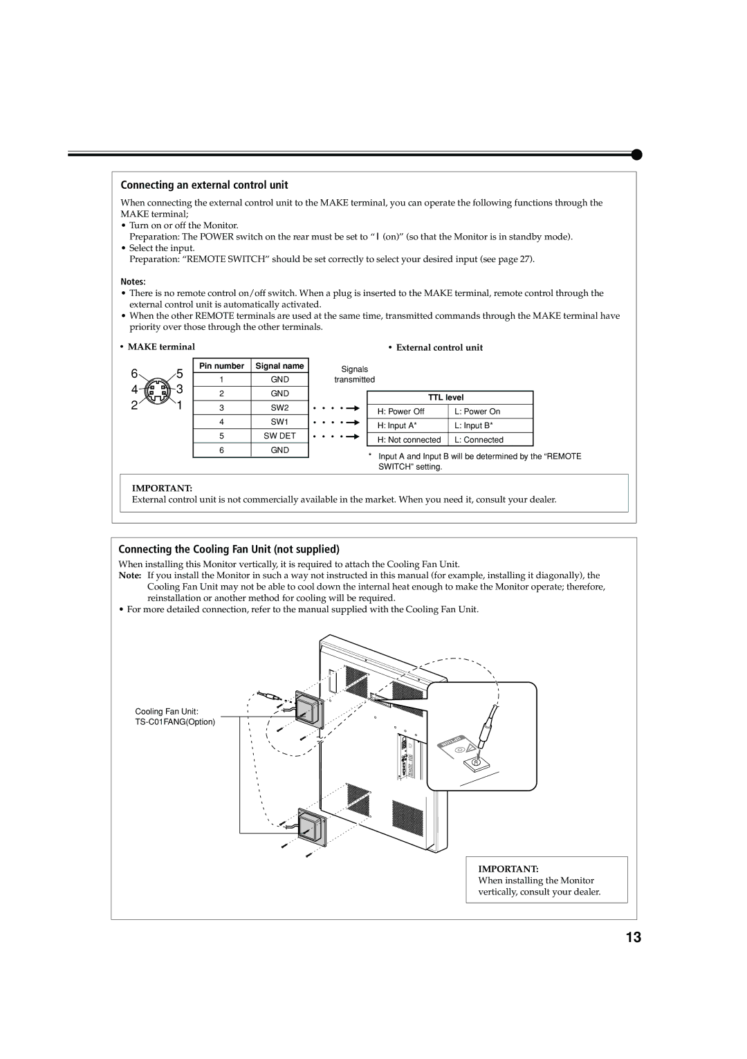 JVC 0204MKH-MW-VP manual Connecting an external control unit, Connecting the Cooling Fan Unit not supplied, Make terminal 