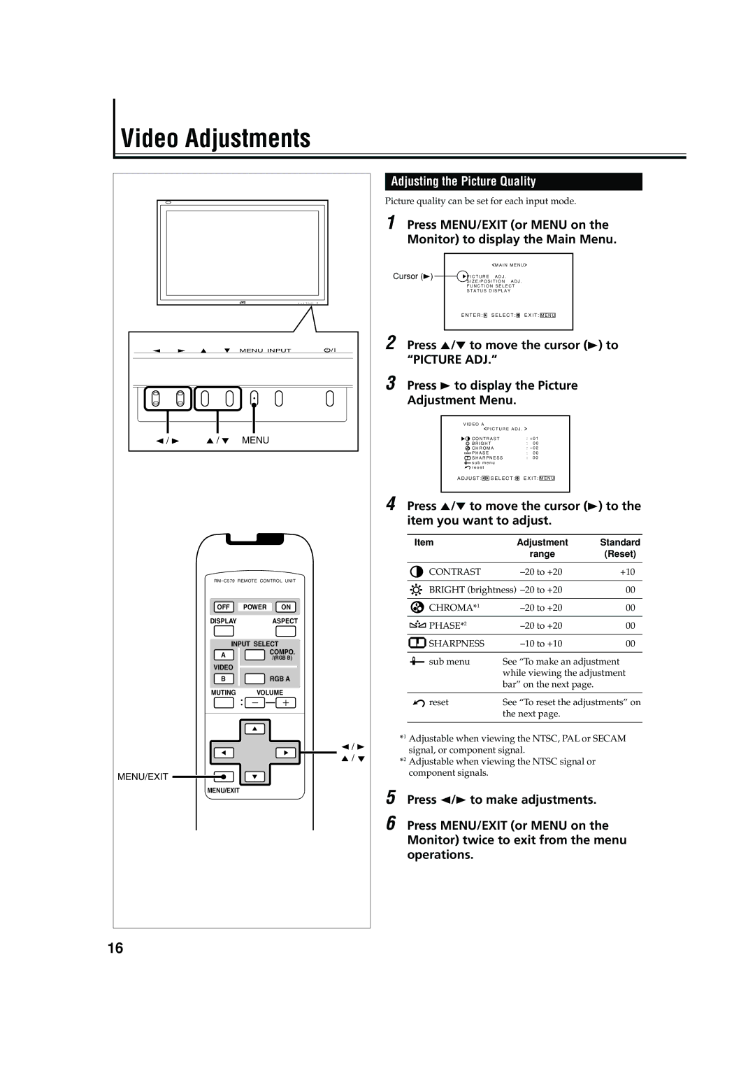 JVC 0204MKH-MW-VP, LCT1616-001A, GM-V42C manual Video Adjustments, Adjusting the Picture Quality 