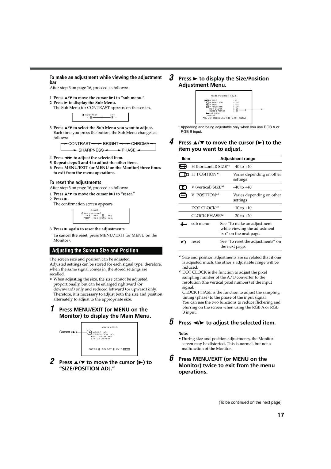 JVC LCT1616-001A, GM-V42C Press 3 to display the Size/Position Adjustment Menu, Adjusting the Screen Size and Position 