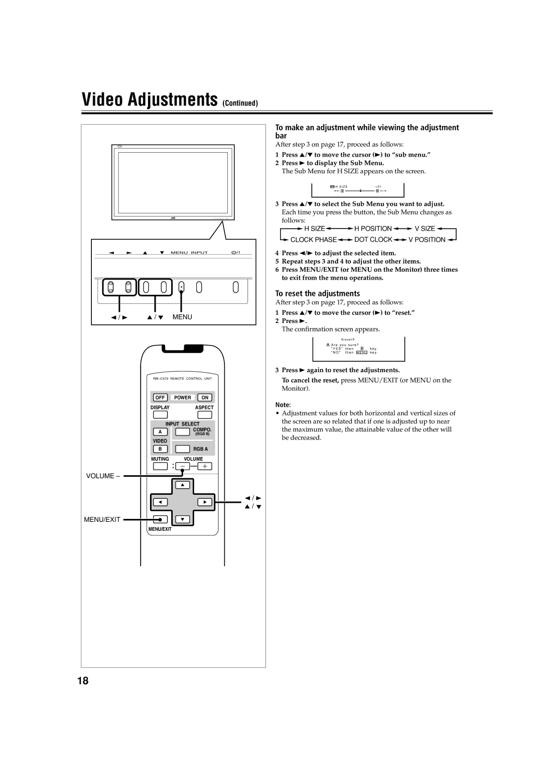 JVC GM-V42C manual Bar, To make an adjustment while viewing the adjustment, Press 5/∞ to move the cursor 3 to sub menu 