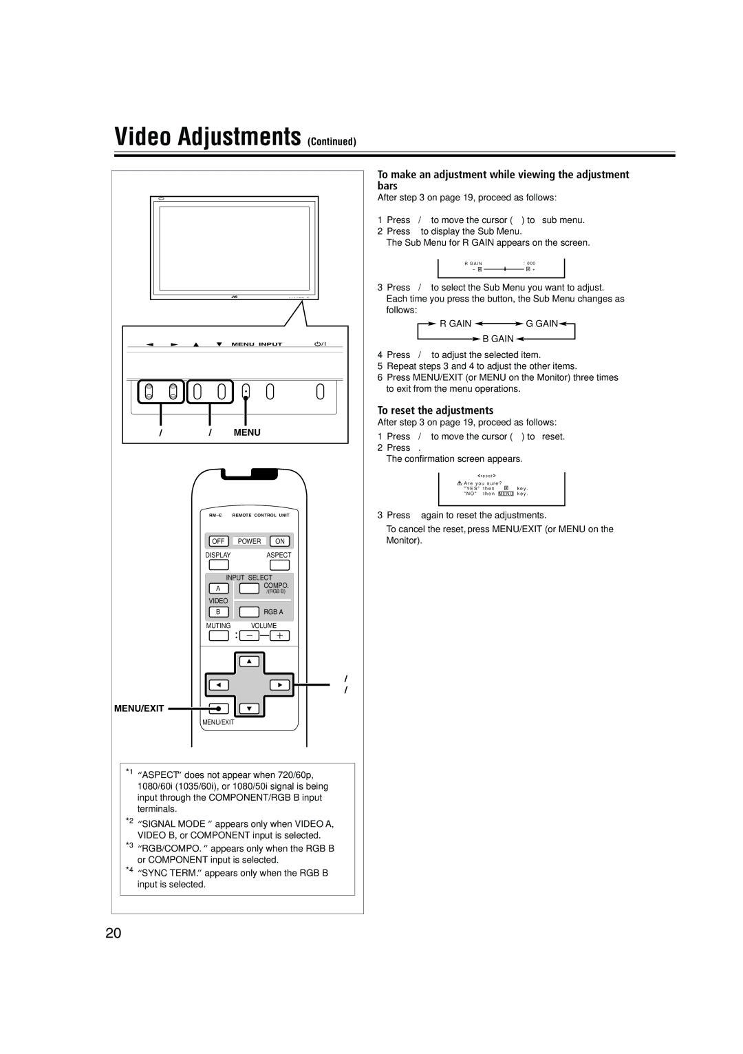 JVC LCT1616-001A, GM-V42C, 0204MKH-MW-VP manual Video Adjustments, To make an adjustment while viewing the adjustment bars 