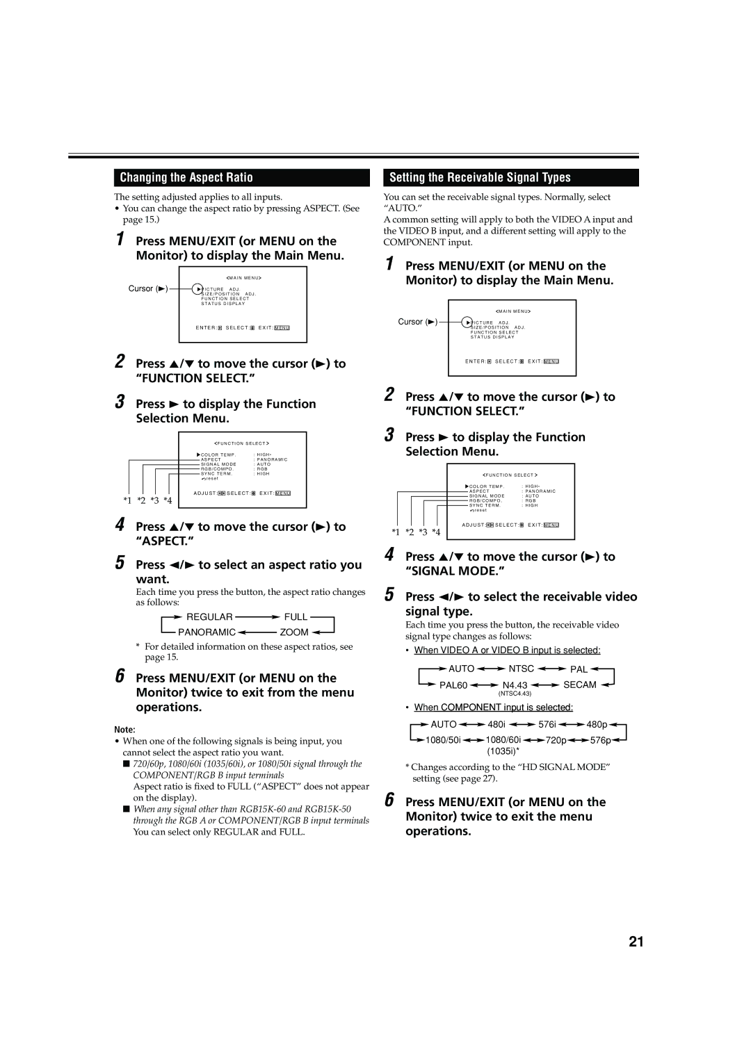 JVC GM-V42C, LCT1616-001A, 0204MKH-MW-VP Press 2/3 to select an aspect ratio you want, Setting the Receivable Signal Types 