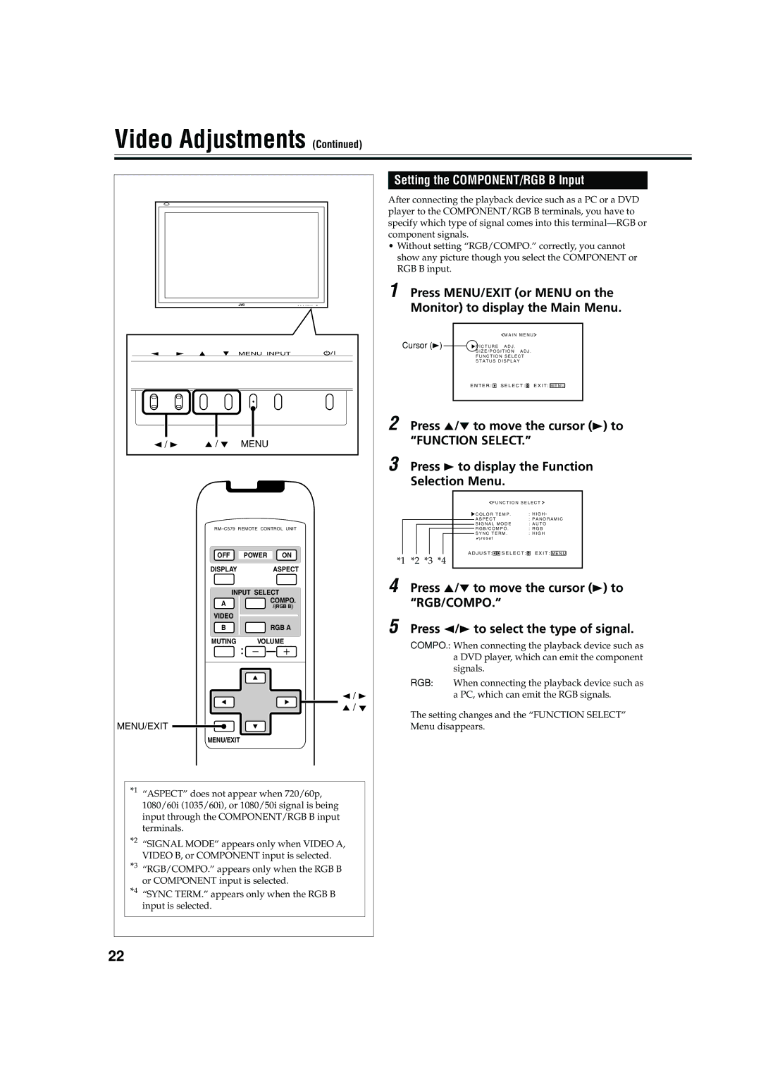 JVC 0204MKH-MW-VP, LCT1616-001A, GM-V42C manual Setting the COMPONENT/RGB B Input 