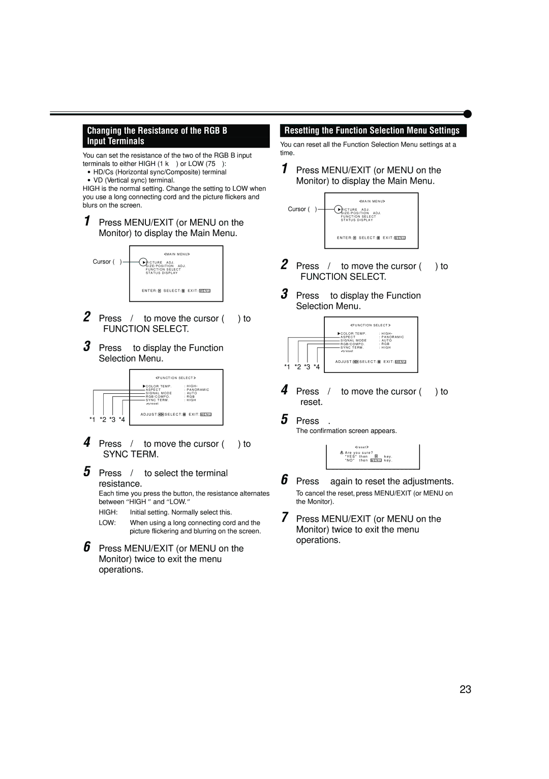 JVC LCT1616-001A Changing the Resistance of the RGB B Input Terminals, Resetting the Function Selection Menu Settings 