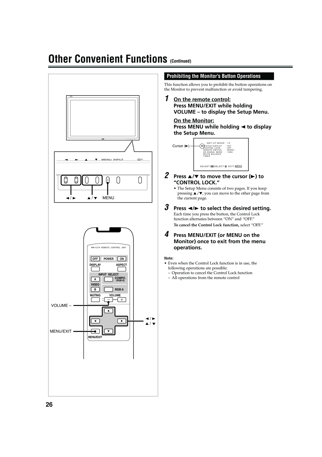 JVC LCT1616-001A, GM-V42C manual Prohibiting the Monitor’s Button Operations, Press 5/∞ to move the cursor 3 to Control Lock 