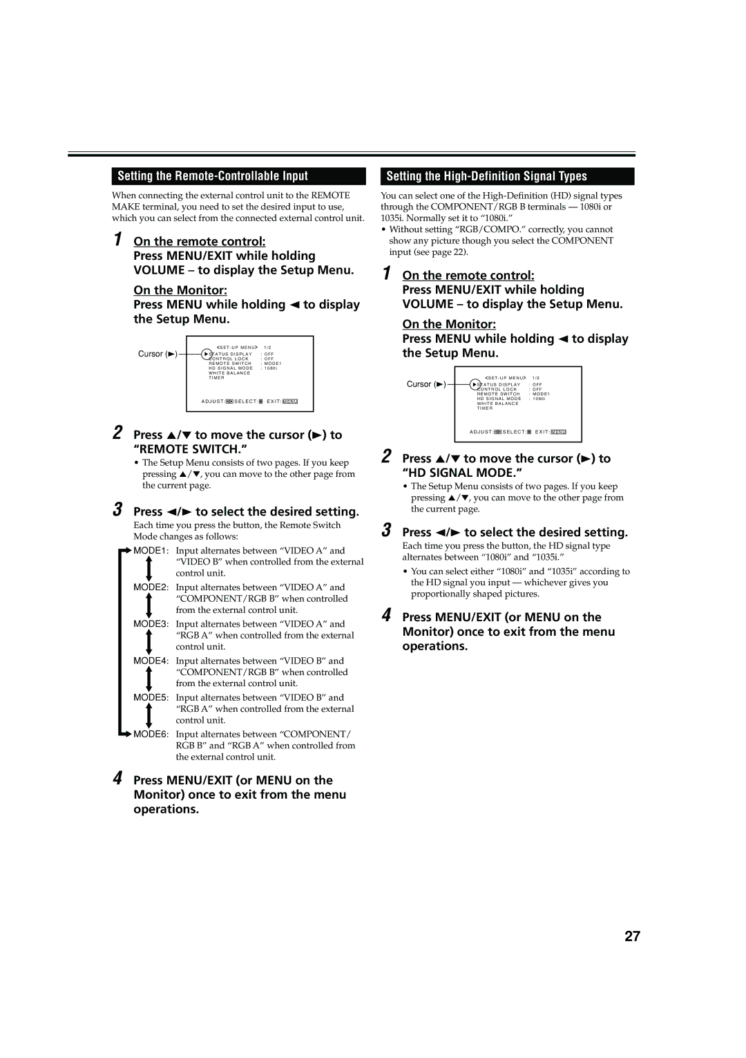 JVC GM-V42C, LCT1616-001A manual Setting the Remote-Controllable Input, Press 5/∞ to move the cursor 3 to Remote Switch 