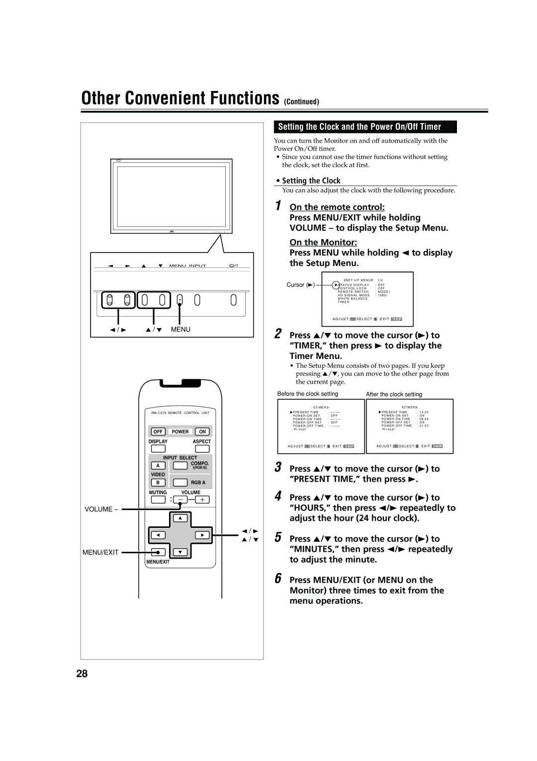 JVC 0204MKH-MW-VP, LCT1616-001A, GM-V42C manual Setting the Clock and the Power On/Off Timer 