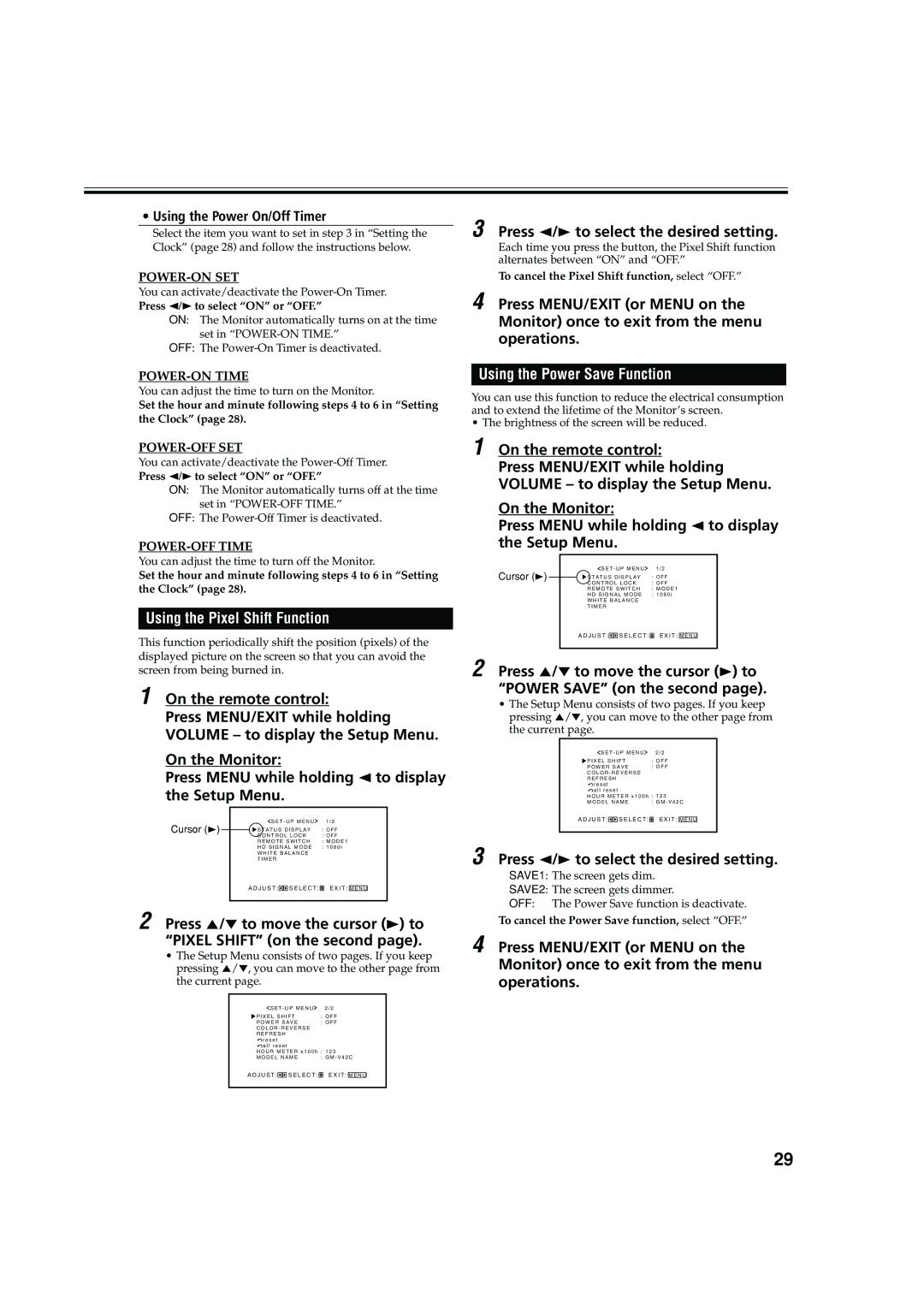 JVC LCT1616-001A, GM-V42C manual Using the Pixel Shift Function, Using the Power Save Function, Using the Power On/Off Timer 