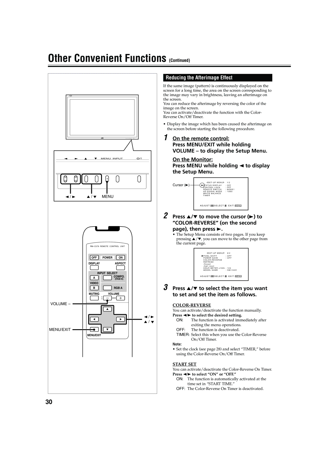 JVC GM-V42C, LCT1616-001A, 0204MKH-MW-VP manual Reducing the Afterimage Effect, Press 2/3 to select the desired setting 