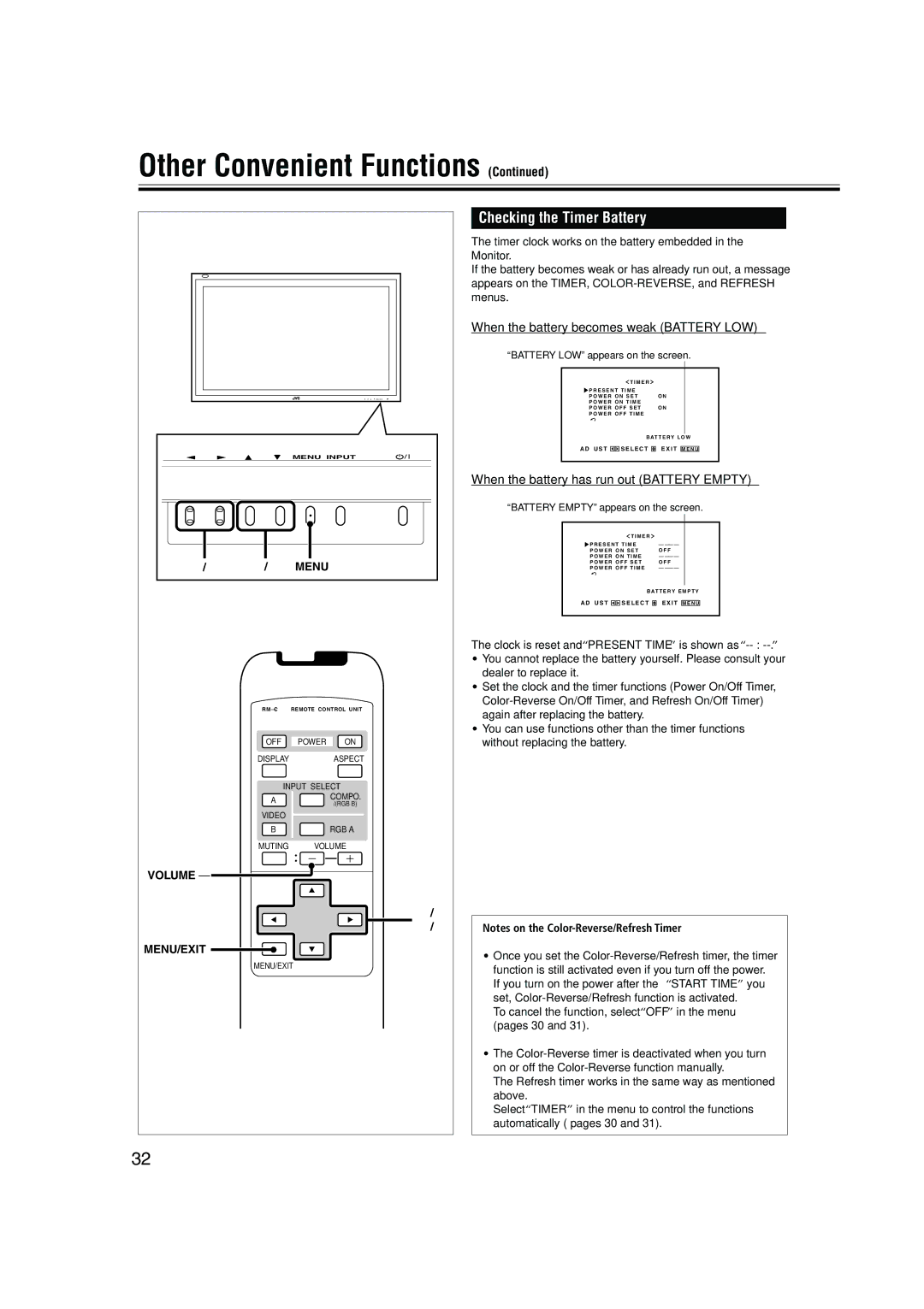 JVC LCT1616-001A, GM-V42C, 0204MKH-MW-VP manual Checking the Timer Battery, When the battery becomes weak Battery LOW 