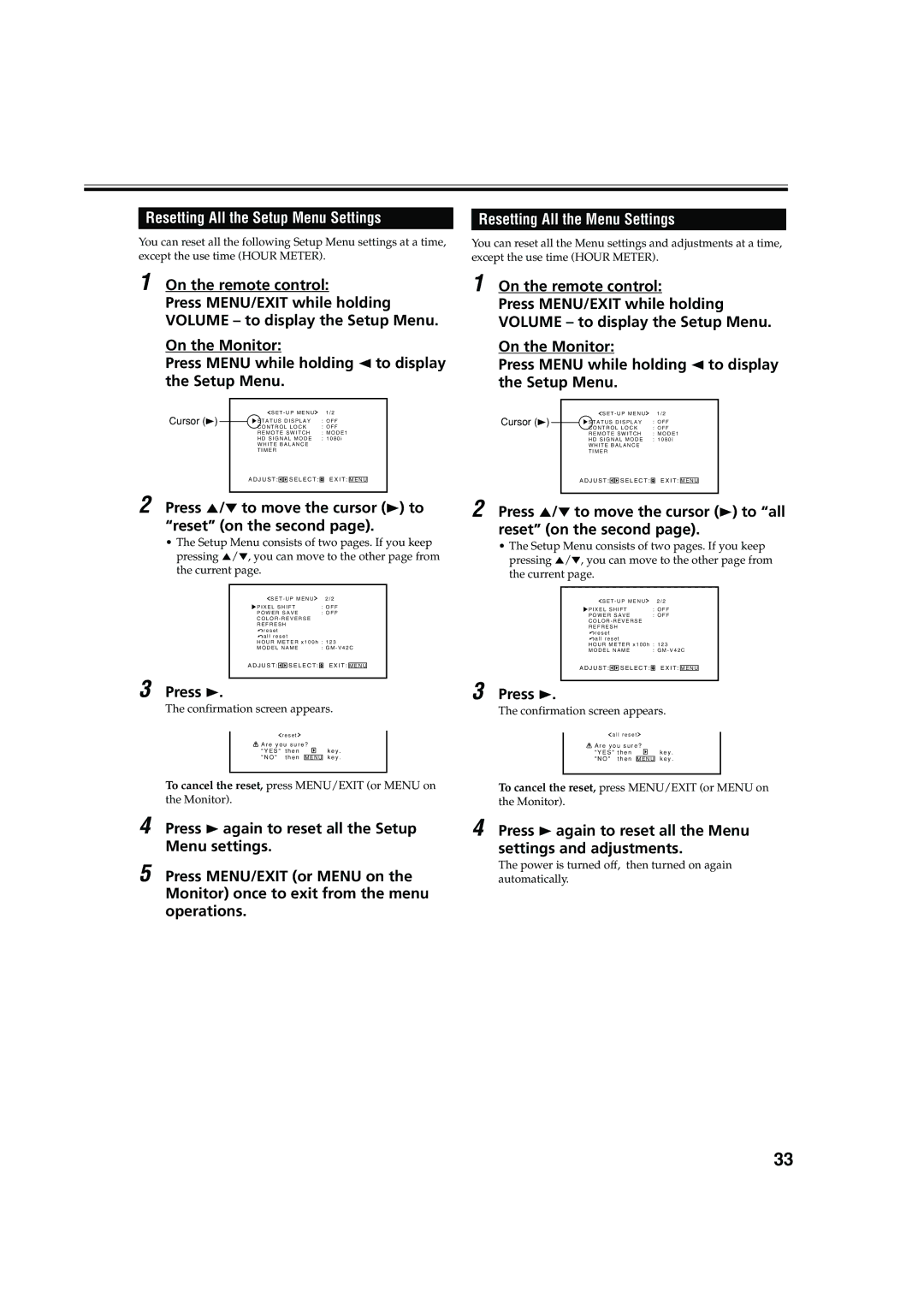 JVC GM-V42C, LCT1616-001A Resetting All the Setup Menu Settings, Press 5/∞ to move the cursor 3 to reset on the second 