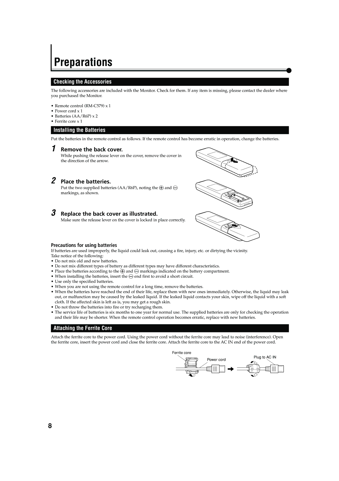 JVC LCT1616-001A, GM-V42C Preparations, Checking the Accessories, Installing the Batteries, Attaching the Ferrite Core 