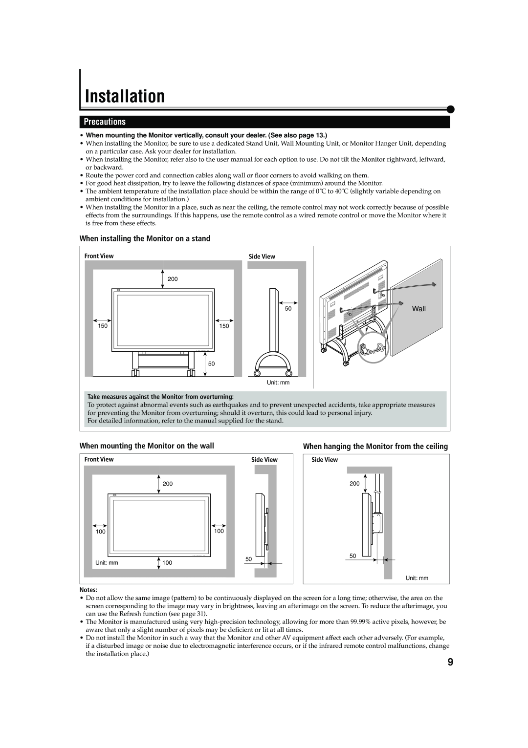 JVC GM-V42C manual Installation, Precautions, When installing the Monitor on a stand, When mounting the Monitor on the wall 