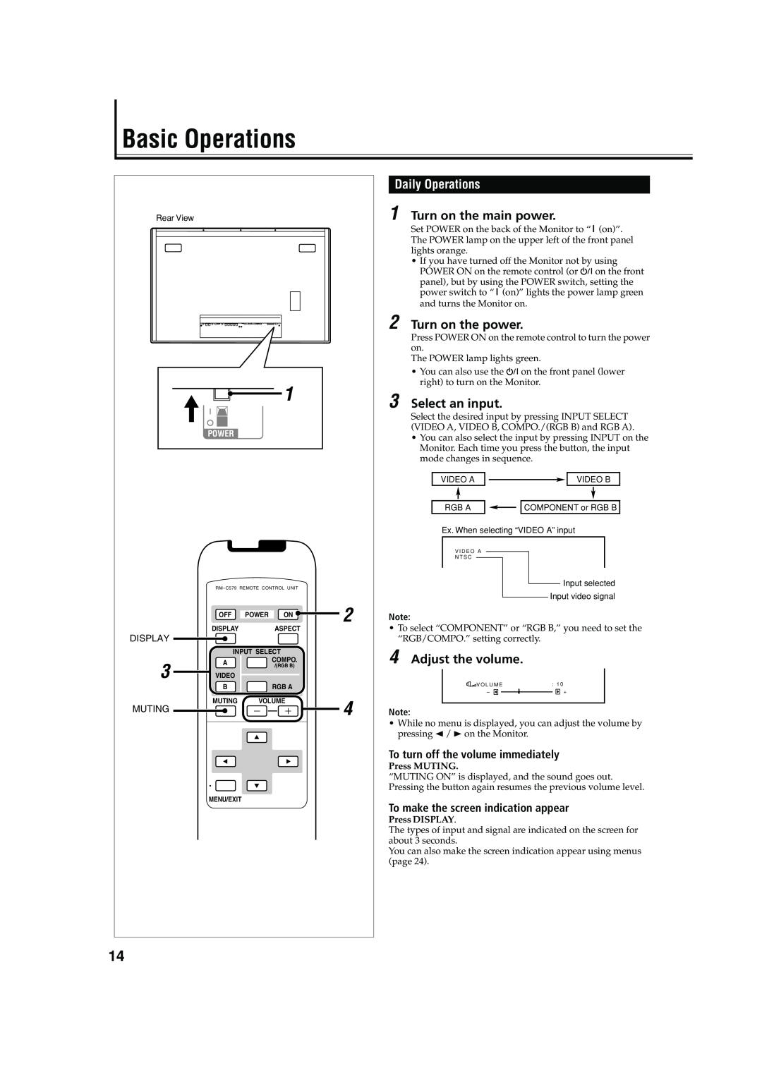 JVC LCT1616-001A, GM-V42C, 0204MKH-MW-VP manual Basic Operations, Daily Operations, To turn off the volume immediately 