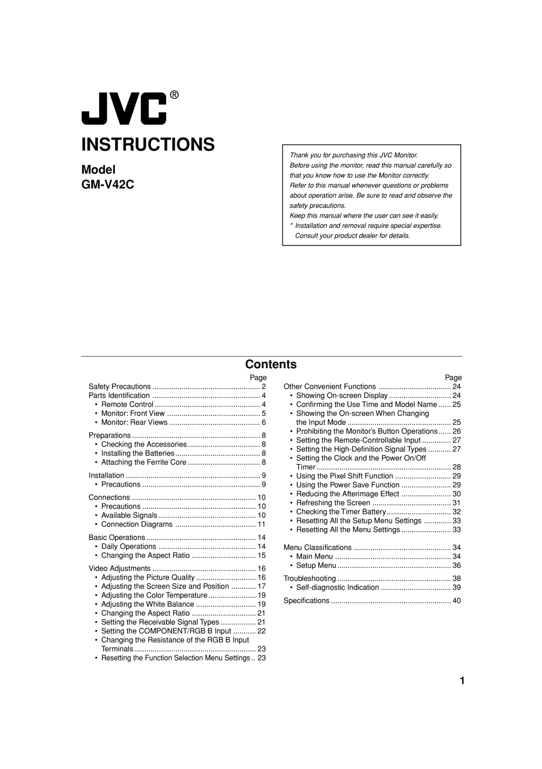 JVC 0204MKH-MW-VP, LCT1616-001A manual Instructions, Model GM-V42C, Contents 