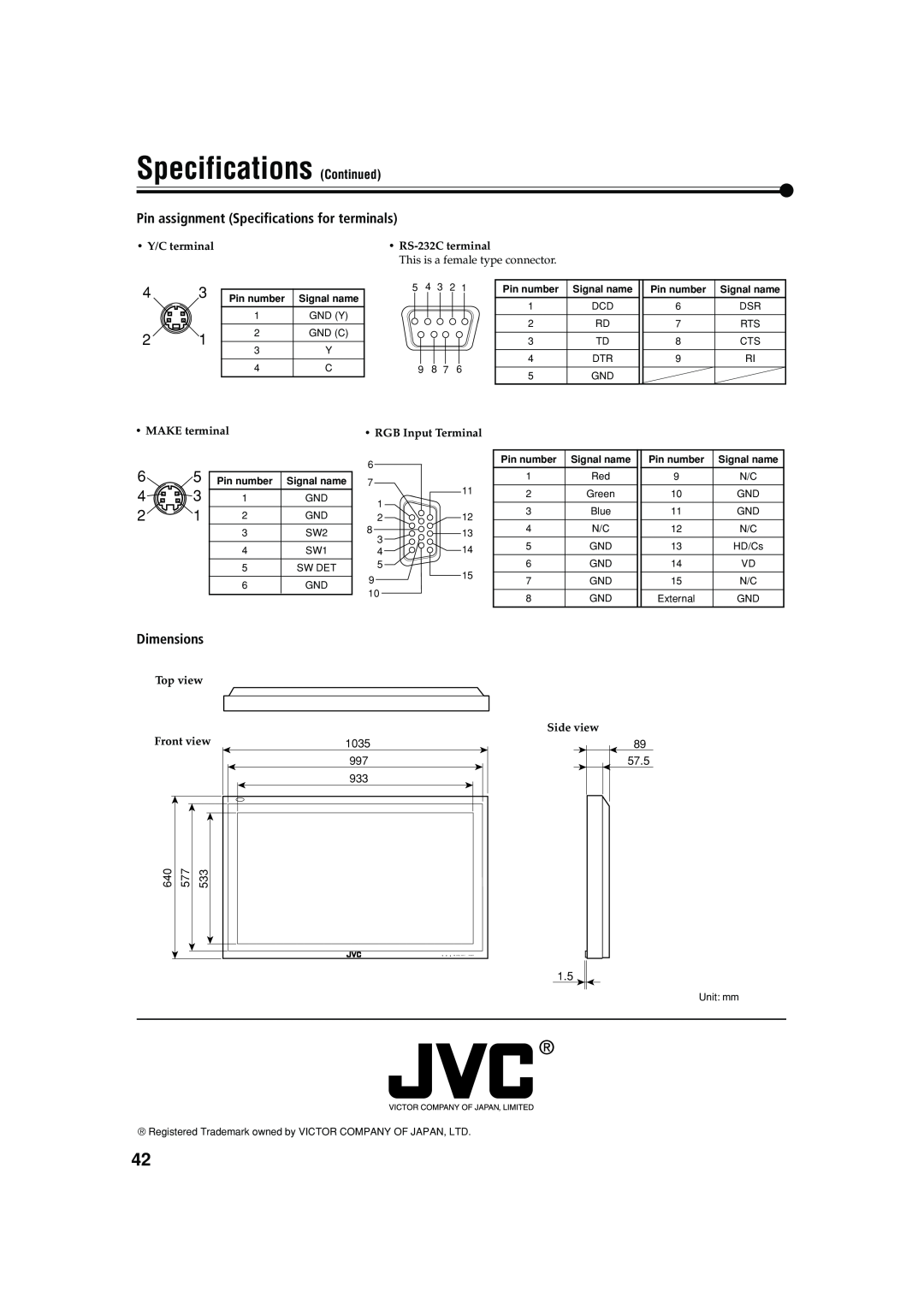 JVC GM-V42C Specifications Continued, Pin assignment Specifications for terminals, Dimensions, Pin number, Signal name 