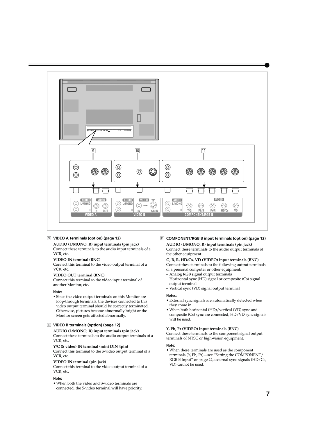 JVC 0204MKH-MW-VP, LCT1616-001A, GM-V42C manual VIDEO A terminals option page, q COMPONENT/RGB B input terminals option page 