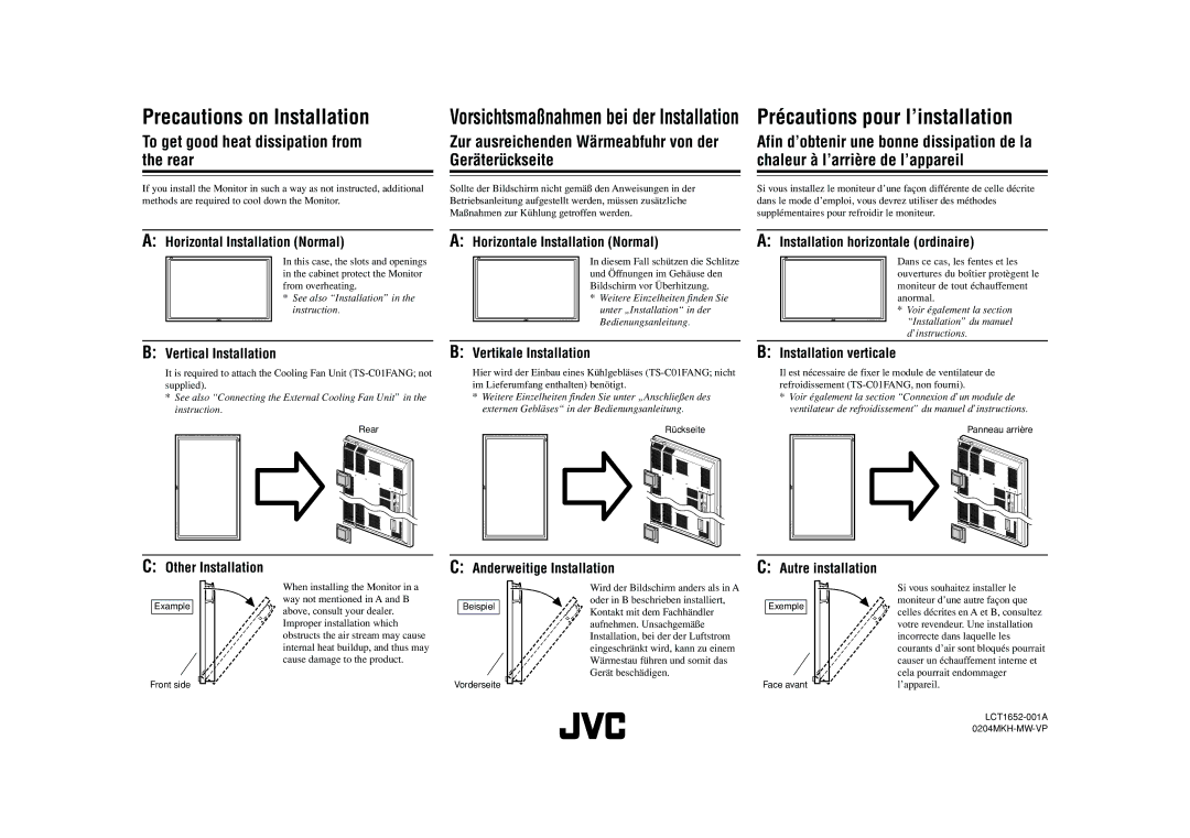 JVC LCT1652-001A manual Precautions on Installation, Précautions pour l’installation 