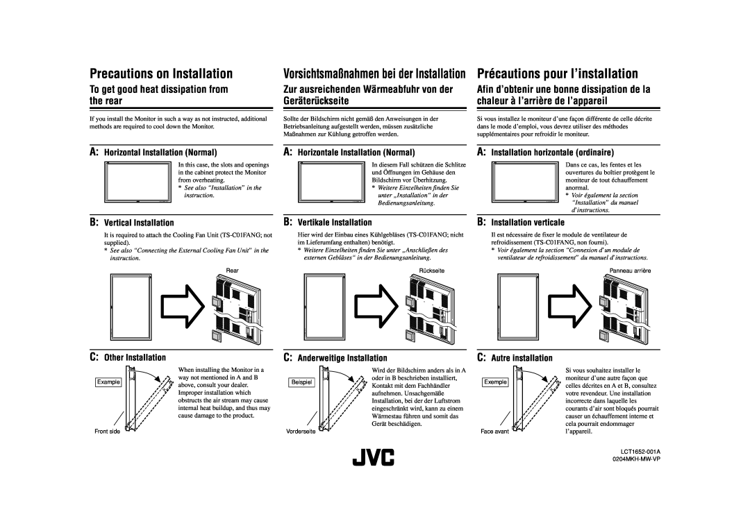 JVC LCT1652-001A manual Precautions on Installation, Précautions pour l’installation, A Horizontal Installation Normal 