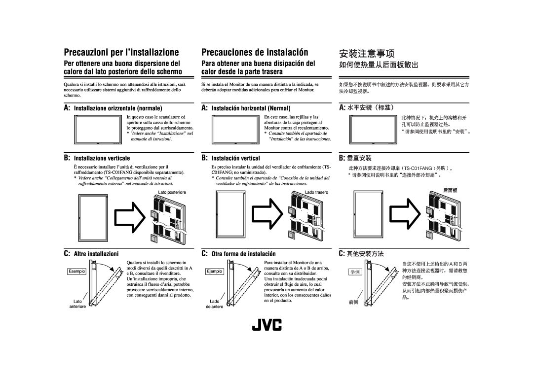 JVC LCT1652-001A manual Precauzioni per l’installazione, Precauciones de instalación, A Installazione orizzontale normale 