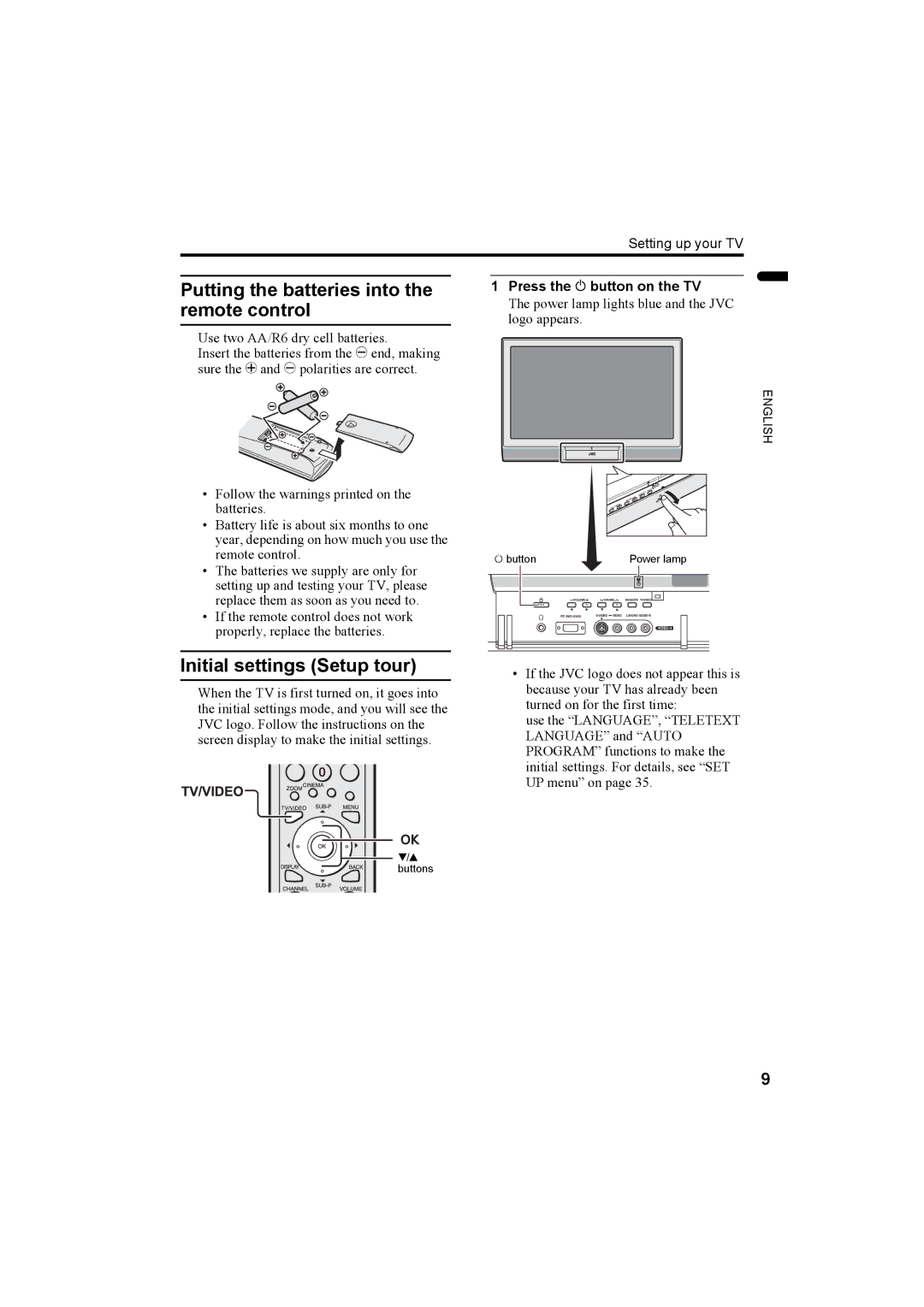 JVC LCT1774-001A Putting the batteries into the remote control, Initial settings Setup tour, Press the Abutton on the TV 