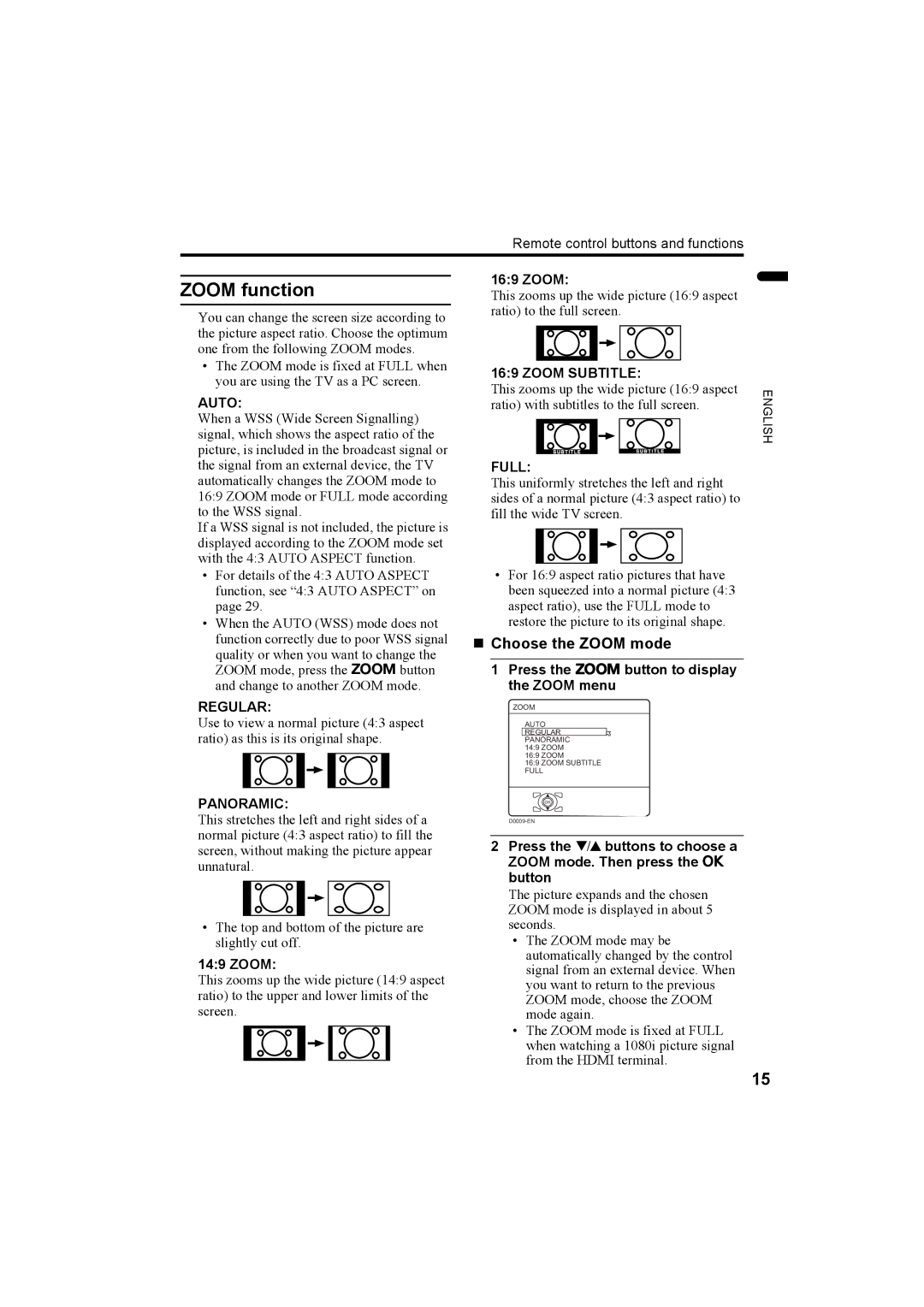 JVC LCT1774-001A, 1004MKH-CR-VP manual Zoom function, „ Choose the Zoom mode 