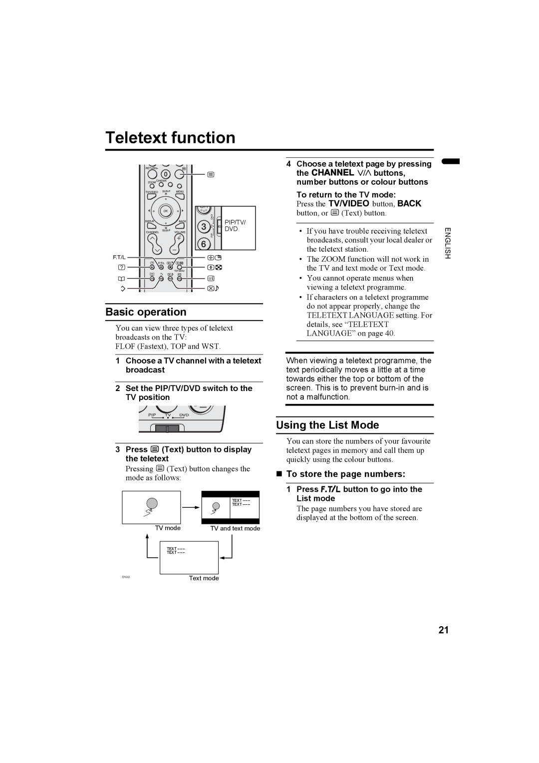 JVC LCT1774-001A, 1004MKH-CR-VP manual Teletext function, Basic operation, Using the List Mode, „ To store the page numbers 