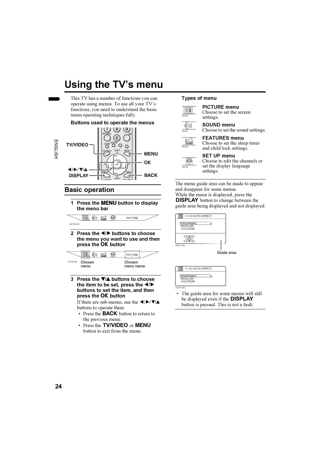 JVC 1004MKH-CR-VP, LCT1774-001A manual Using the TV’s menu, Press the Hbutton to display the menu bar 