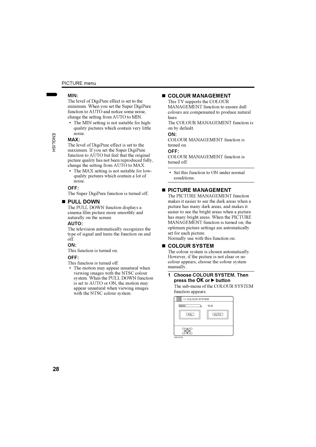 JVC 1004MKH-CR-VP, LCT1774-001A manual „ Colour Management, „ Pull Down, „ Picture Management, „ Colour System 