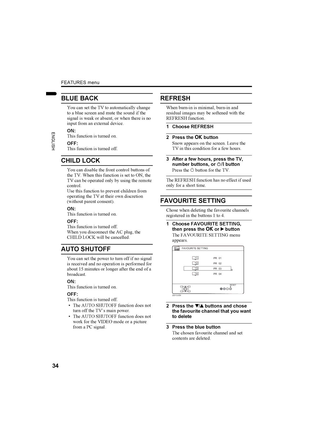 JVC 1004MKH-CR-VP, LCT1774-001A manual Blue Back, Child Lock, Auto Shutoff, Refresh, Favourite Setting 