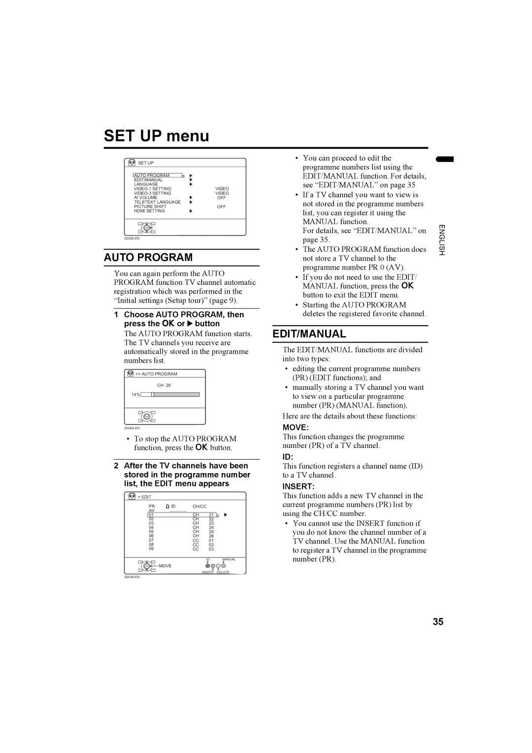 JVC LCT1774-001A, 1004MKH-CR-VP manual SET UP menu, Auto Program, Edit/Manual, Move, Insert 