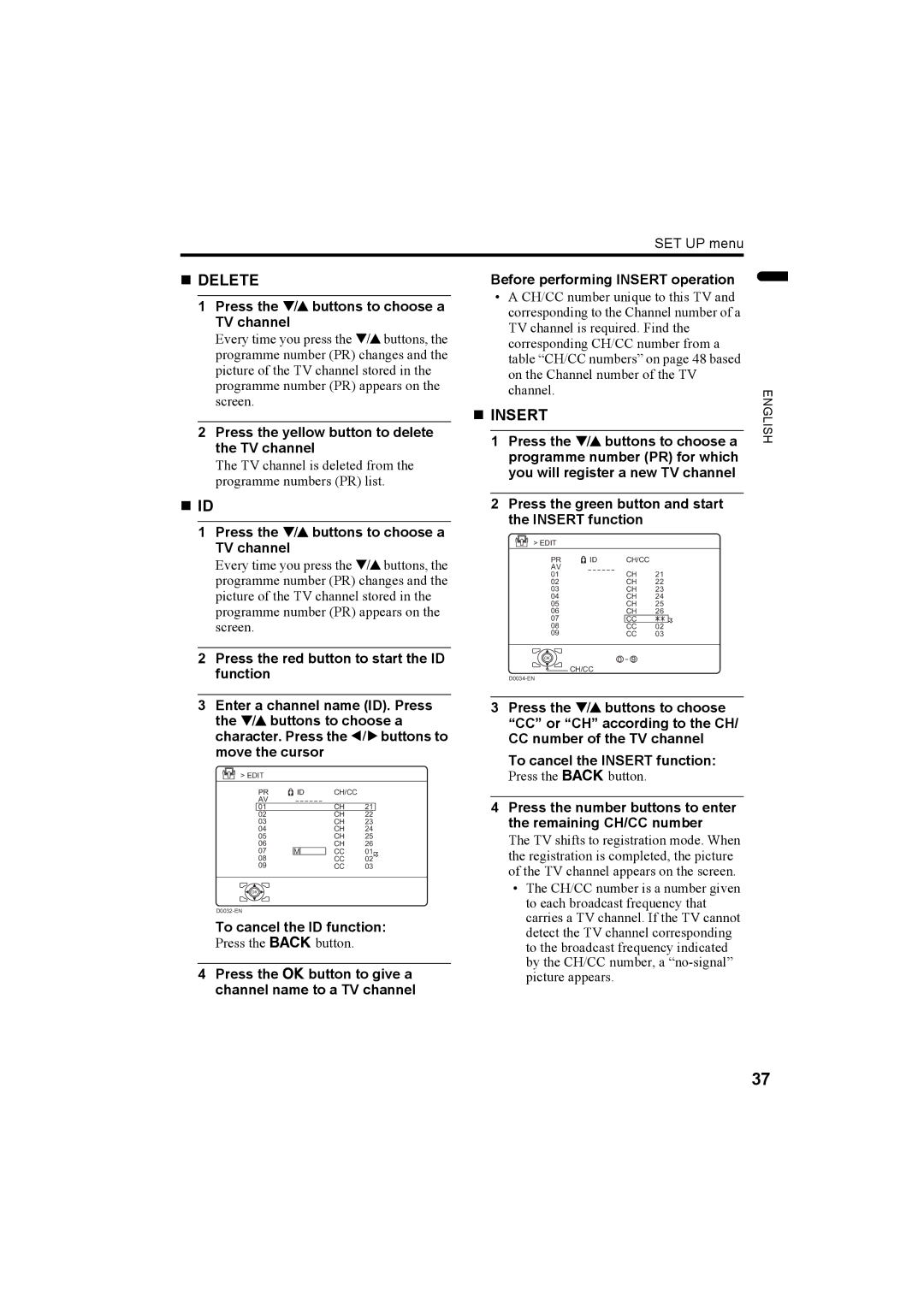 JVC LCT1774-001A, 1004MKH-CR-VP manual „ Delete, „ Id, „ Insert 