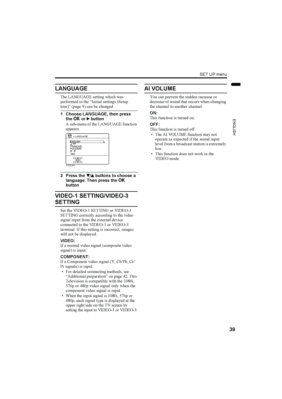 JVC LCT1774-001A, 1004MKH-CR-VP manual Language, AI Volume, VIDEO-1 SETTING/VIDEO-3 Setting, Video, Component 