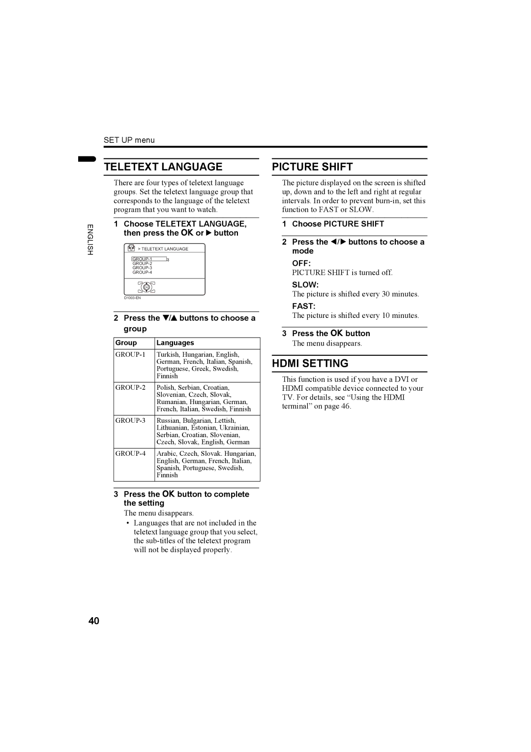 JVC 1004MKH-CR-VP, LCT1774-001A manual Teletext Language Picture Shift, Hdmi Setting, Slow, Fast 