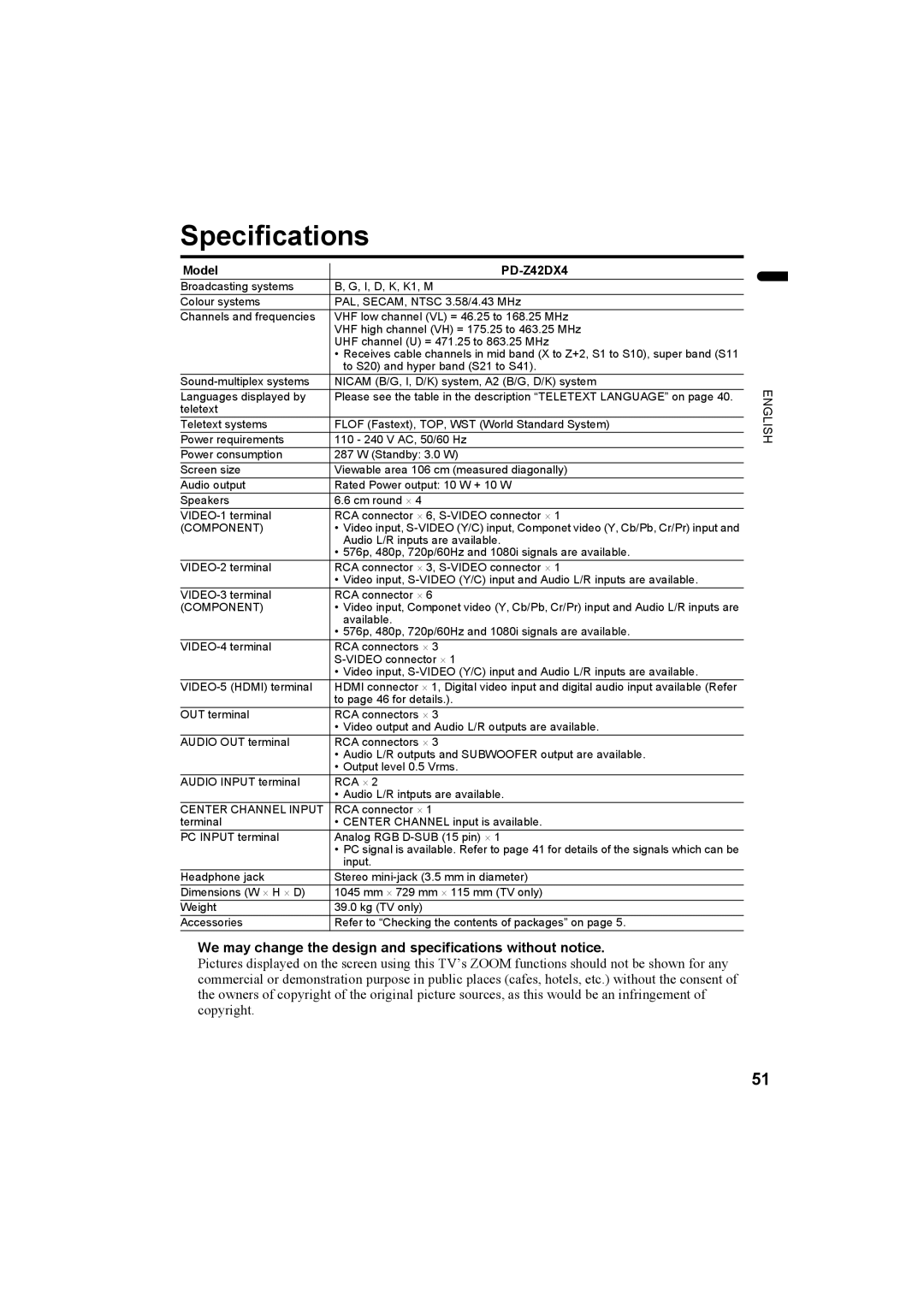 JVC LCT1774-001A, 1004MKH-CR-VP manual Specifications, We may change the design and specifications without notice 