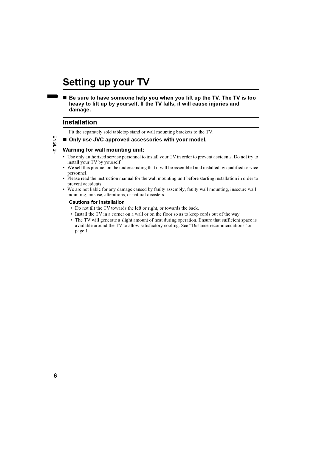 JVC 1004MKH-CR-VP, LCT1774-001A manual Setting up your TV, Installation, „ Only use JVC approved accessories with your model 