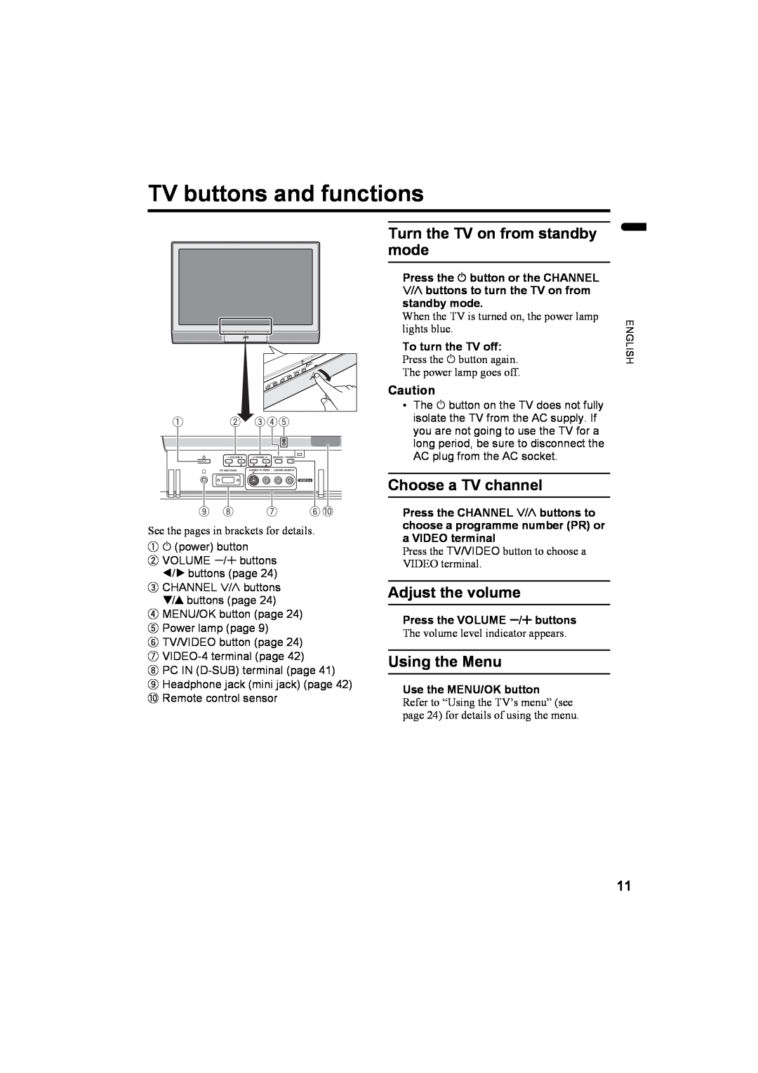 JVC LCT1774-001A manual TV buttons and functions, Turn the TV on from standby mode, Choose a TV channel, Adjust the volume 