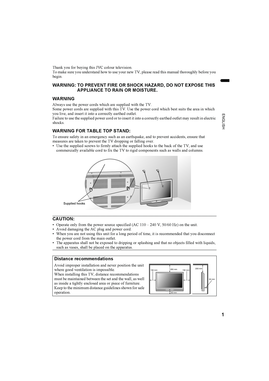 JVC LCT1774-001A, 1004MKH-CR-VP manual Warning For Table Top Stand, Distance recommendations 