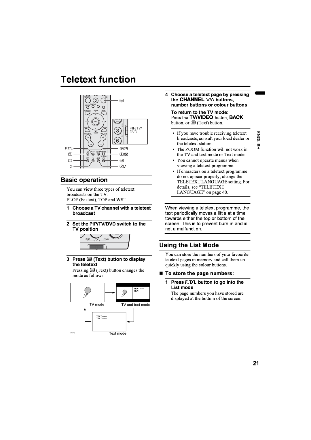 JVC LCT1774-001A, 1004MKH-CR-VP manual Teletext function, Basic operation, Using the List Mode, „ To store the page numbers 
