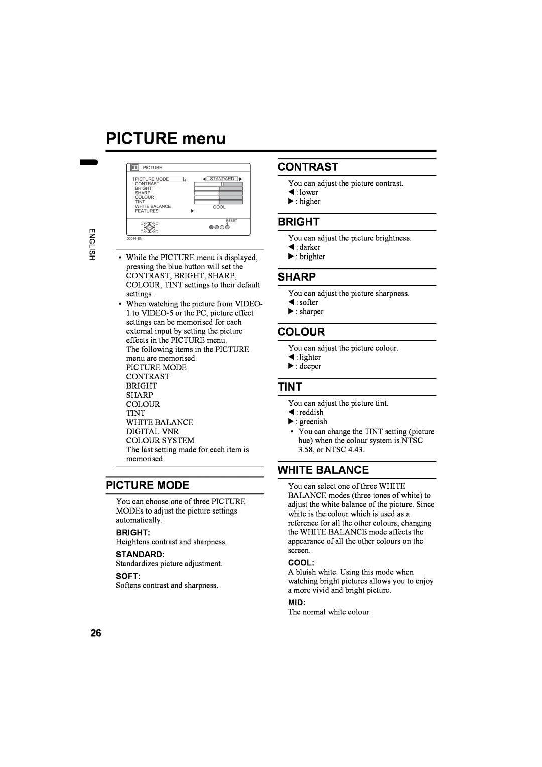 JVC 1004MKH-CR-VP PICTURE menu, Contrast, Picture Mode, Bright, Sharp, Colour, Tint, White Balance, Standard, Soft, Cool 