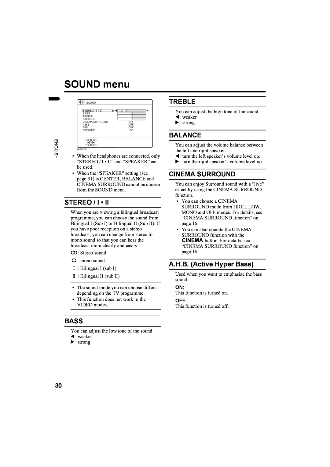 JVC 1004MKH-CR-VP, LCT1774-001A manual SOUND menu, Stereo / I, Treble, Balance, Cinema Surround, A.H.B. Active Hyper Bass 
