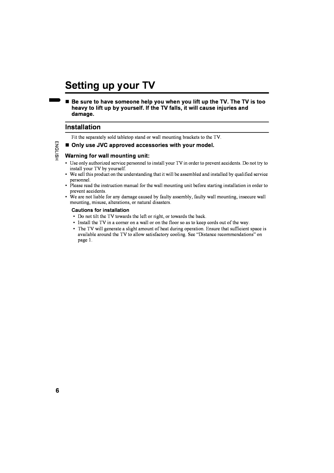 JVC 1004MKH-CR-VP, LCT1774-001A manual Setting up your TV, Installation, „ Only use JVC approved accessories with your model 