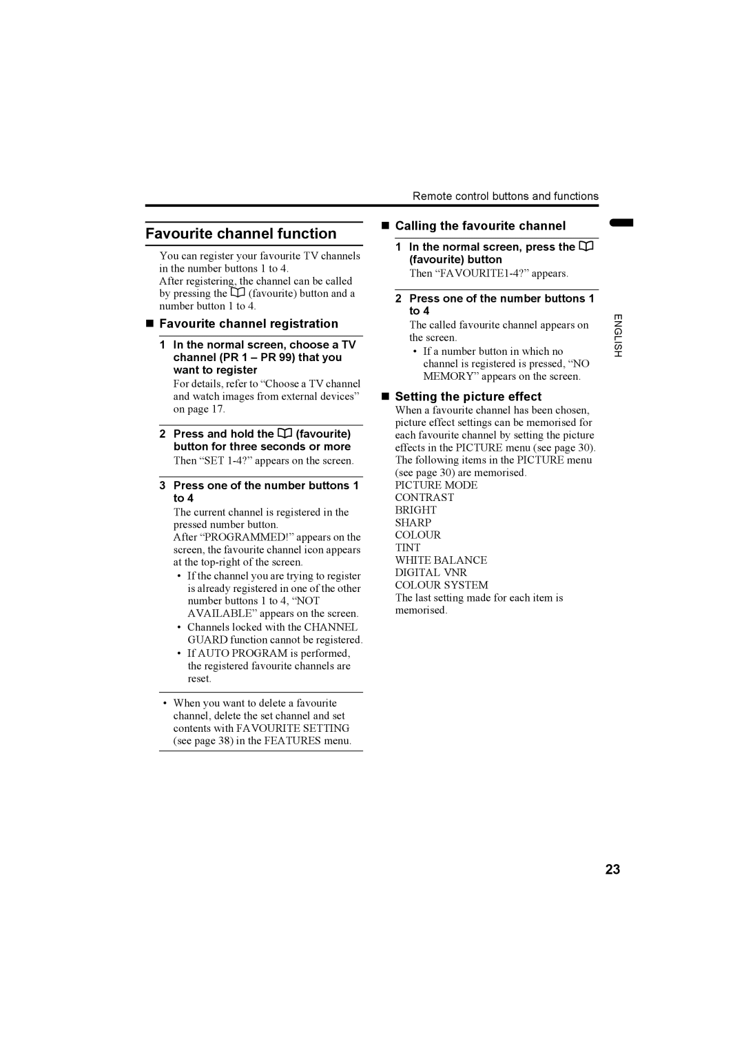 JVC 1104MKH-CR-VP manual Favourite channel function, „ Favourite channel registration, „ Calling the favourite channel 