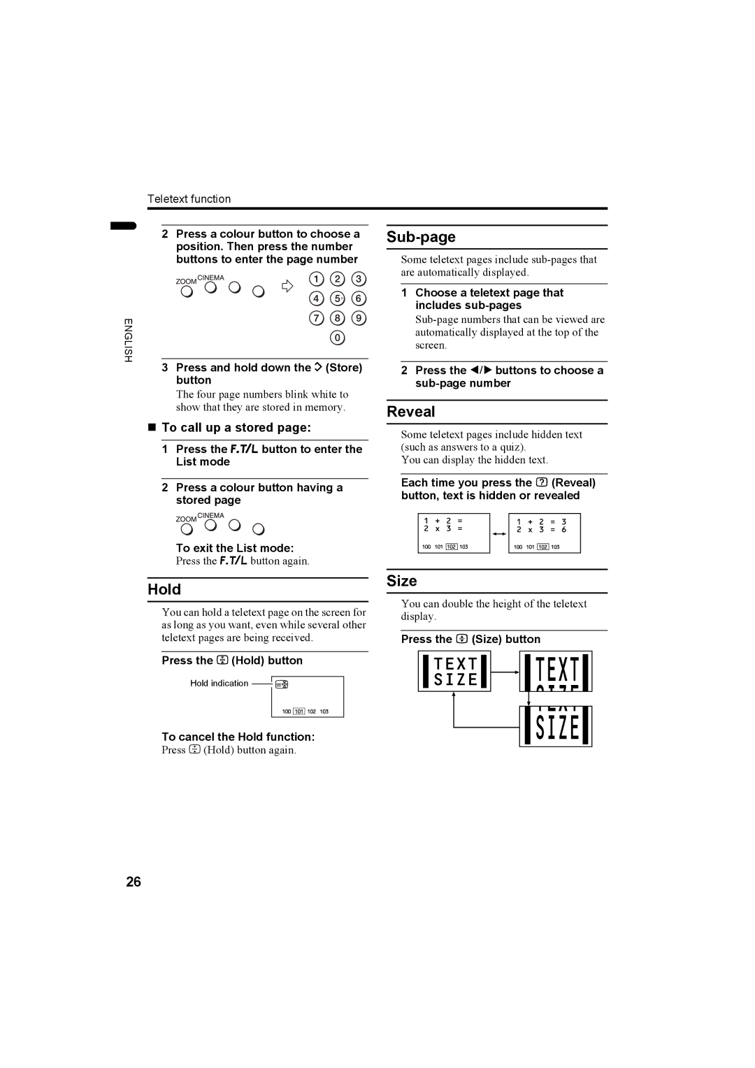 JVC LCT1781-001A, 1104MKH-CR-VP manual Sub-page, Reveal, Hold, Size, „ To call up a stored 