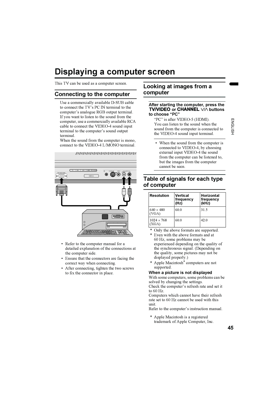 JVC 1104MKH-CR-VP manual Displaying a computer screen, Connecting to the computer, Looking at images from a computer 