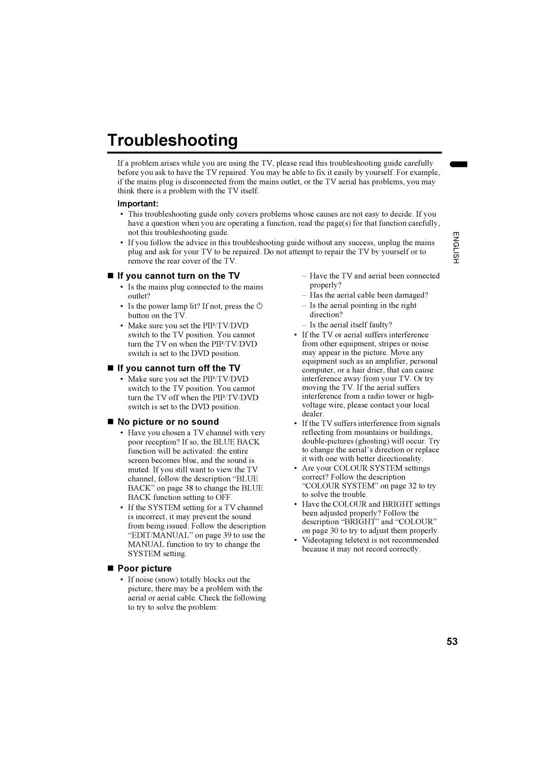 JVC 1104MKH-CR-VP manual Troubleshooting, „ If you cannot turn on the TV, „ If you cannot turn off the TV, „ Poor picture 