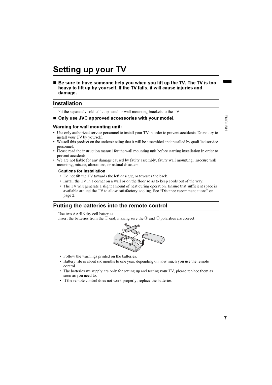 JVC 1104MKH-CR-VP, LCT1781-001A manual Setting up your TV, Installation, Putting the batteries into the remote control 