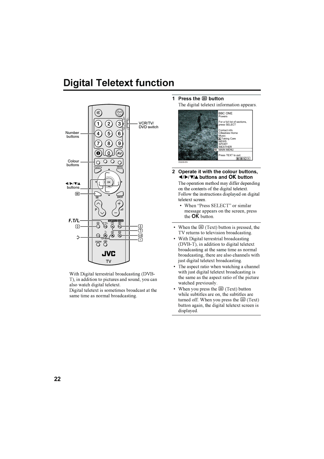 JVC LCT1821-001A-U, 0405TKH-CR-MU manual Digital Teletext function, Press the g button, Digital teletext information appears 