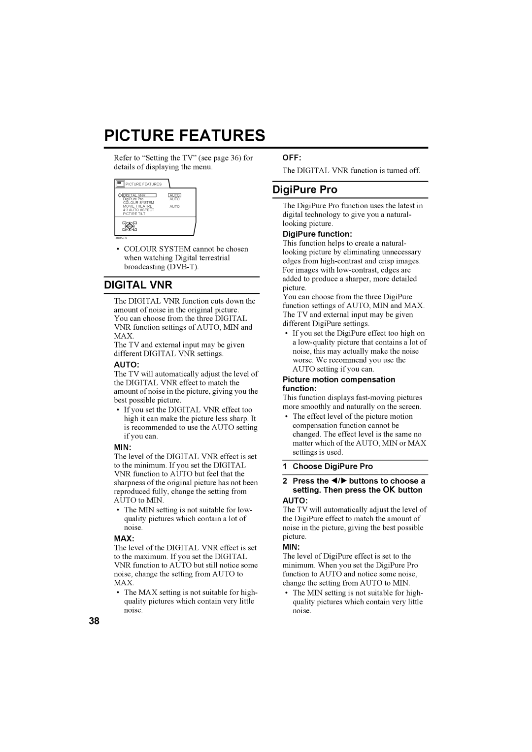 JVC LCT1821-001A-U, 0405TKH-CR-MU manual Picture Features, Digital VNR, DigiPure Pro 