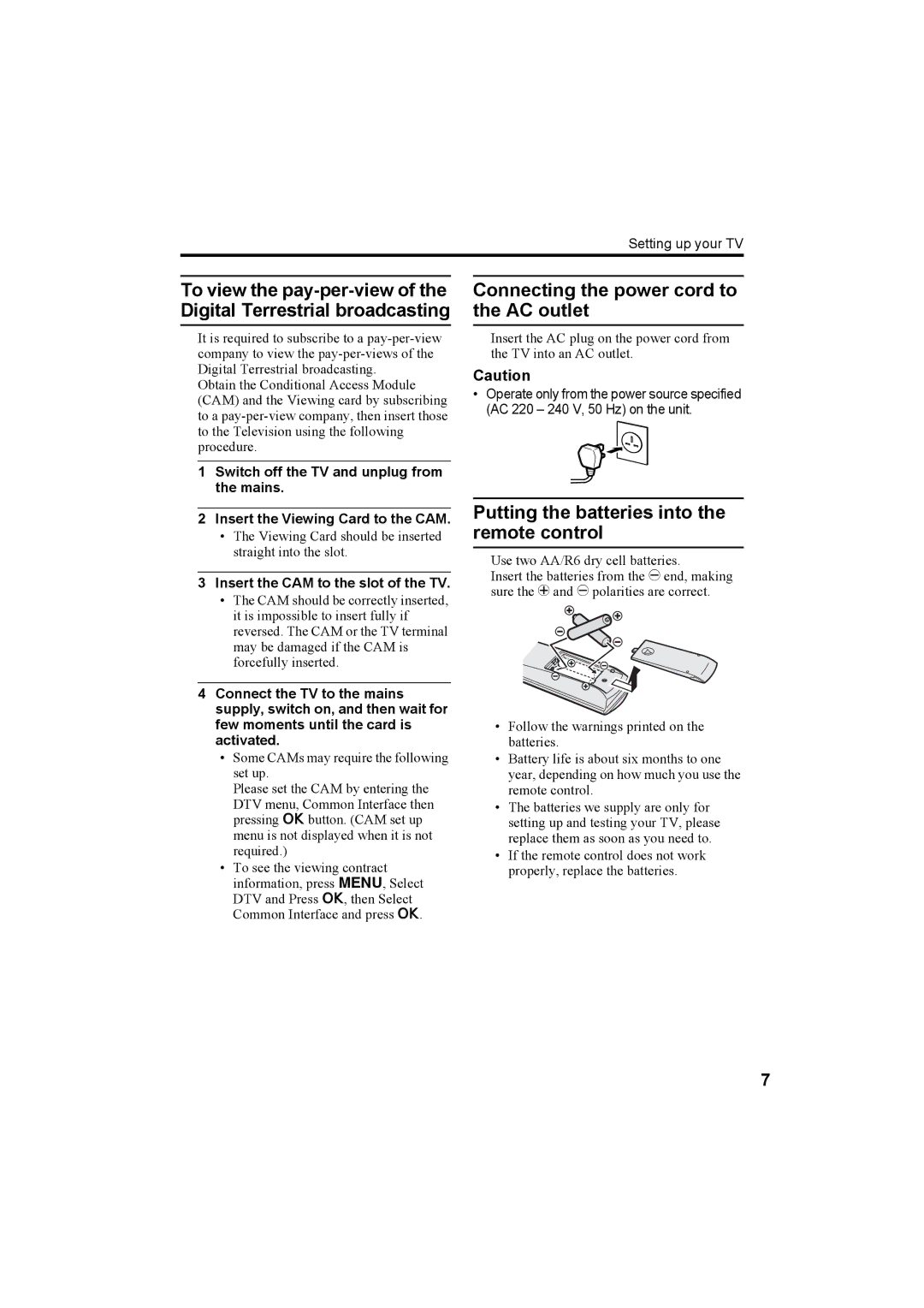 JVC 0405TKH-CR-MU, LCT1821-001A-U Connecting the power cord to, AC outlet, Putting the batteries into the remote control 